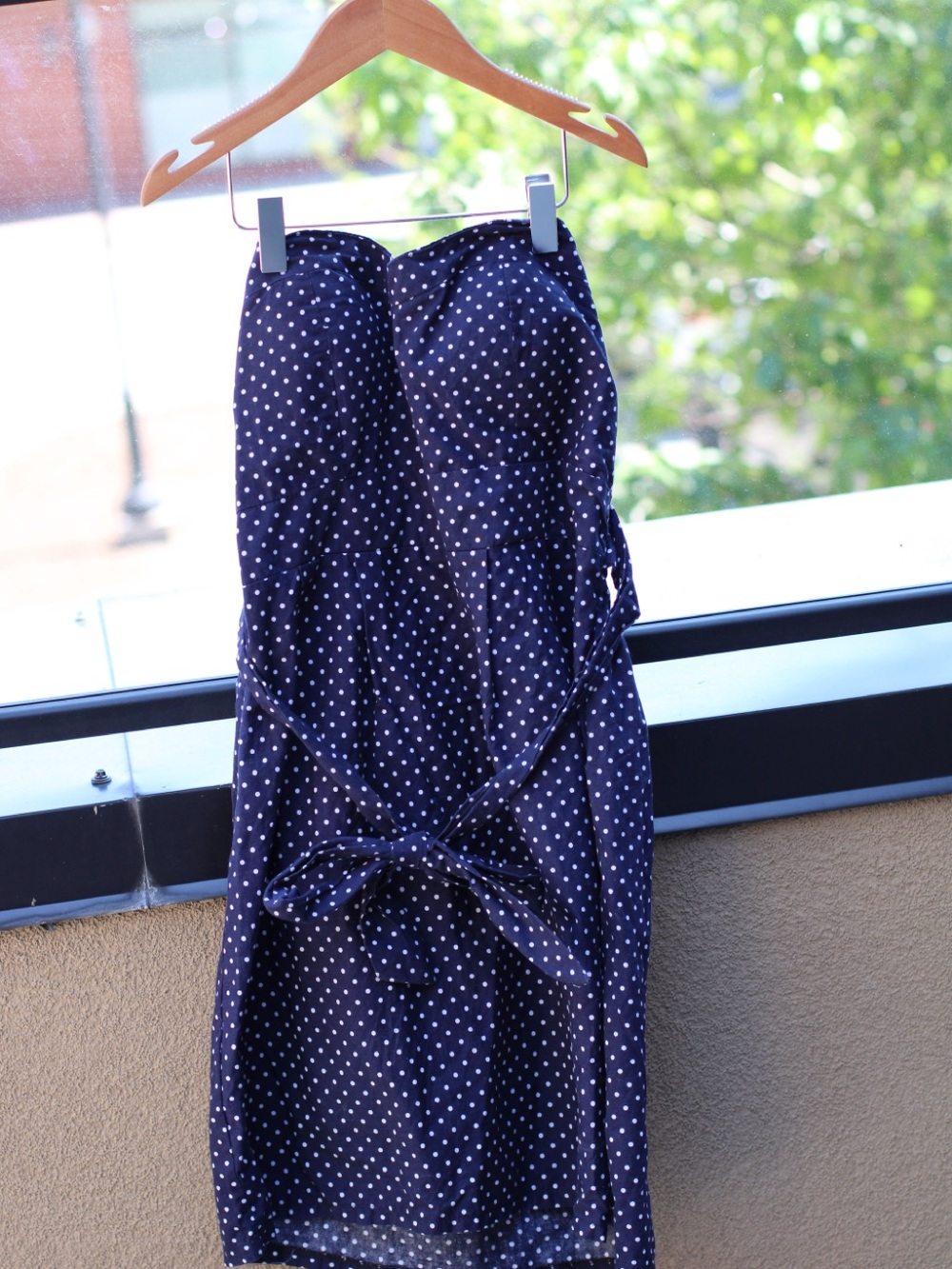 Navy Polka Dot Pencil Skirt with Waist Tie - Classic